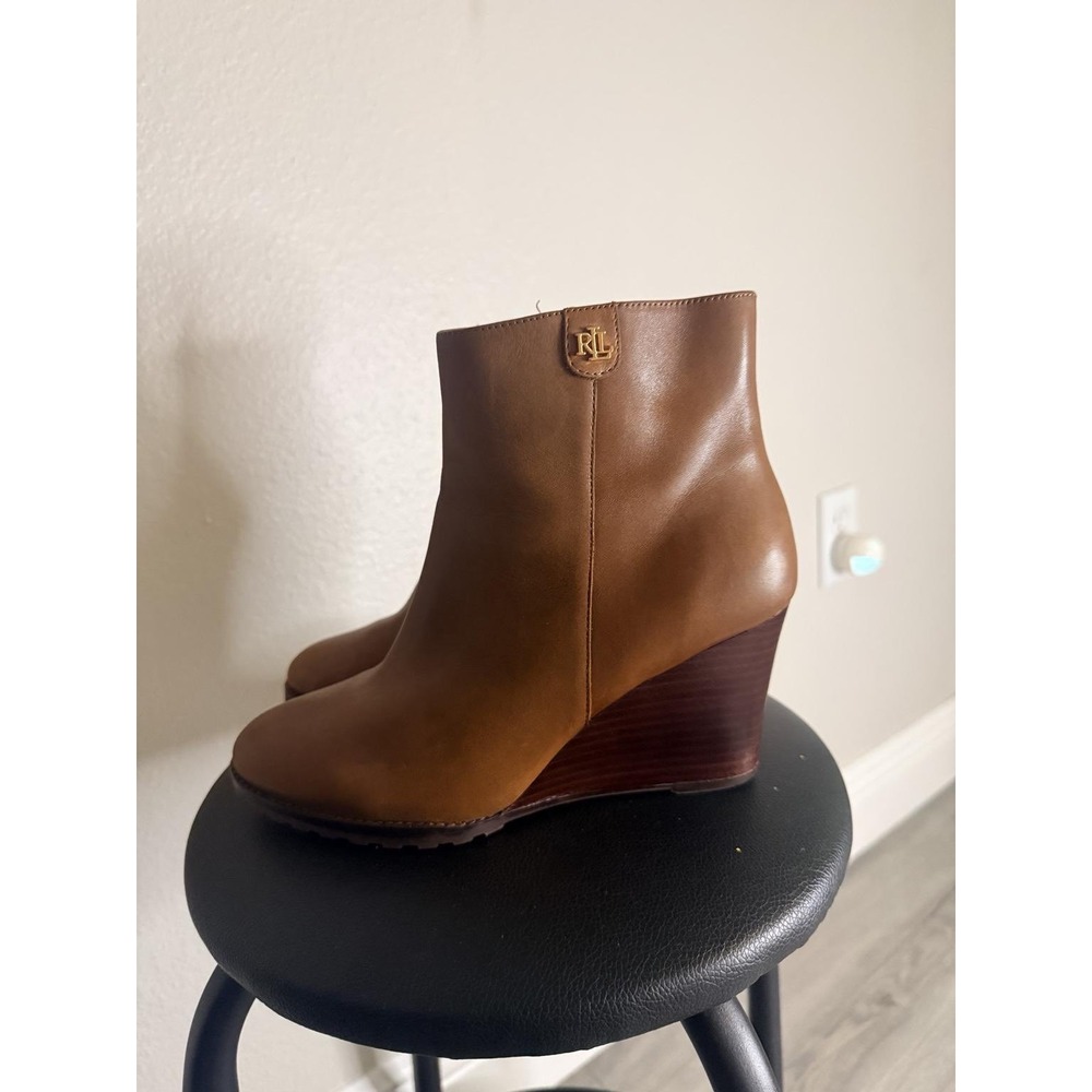 Lauren Ralph Lauren Shaley Wedge Boots Women 7 Tan Leather Good Ankle Booties